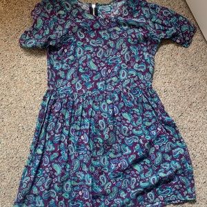 Purple, blue, and teal paisley dress